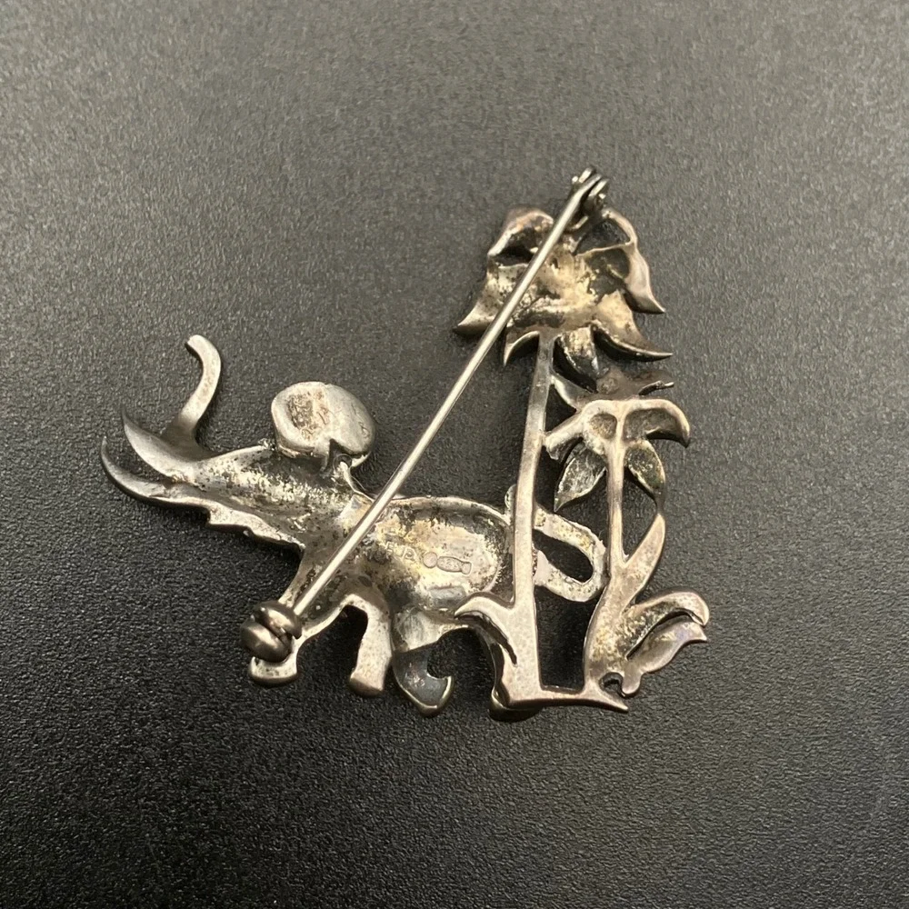 Vintage Sterling Silver Elephant Brooch Art Deco Marcasite Green Eye Palm Tree